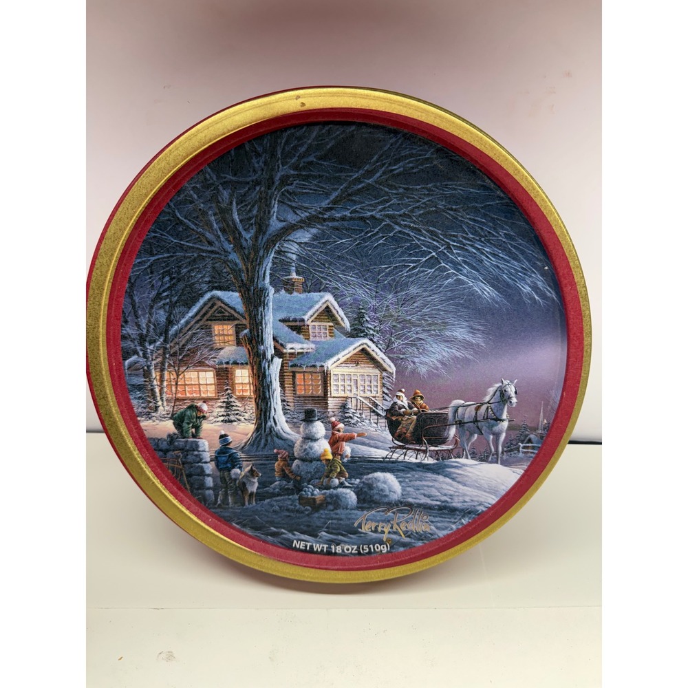 Terry Redlin Winter Scene Cookie Tin Christmas Cabin Sleigh 12 Inch Round Red